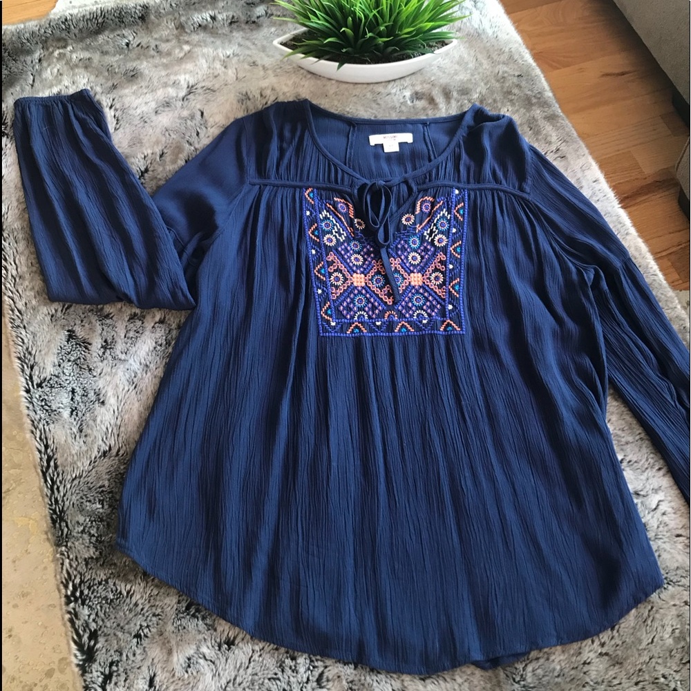 Navy Blue Boho Embroidered Mossimo Top